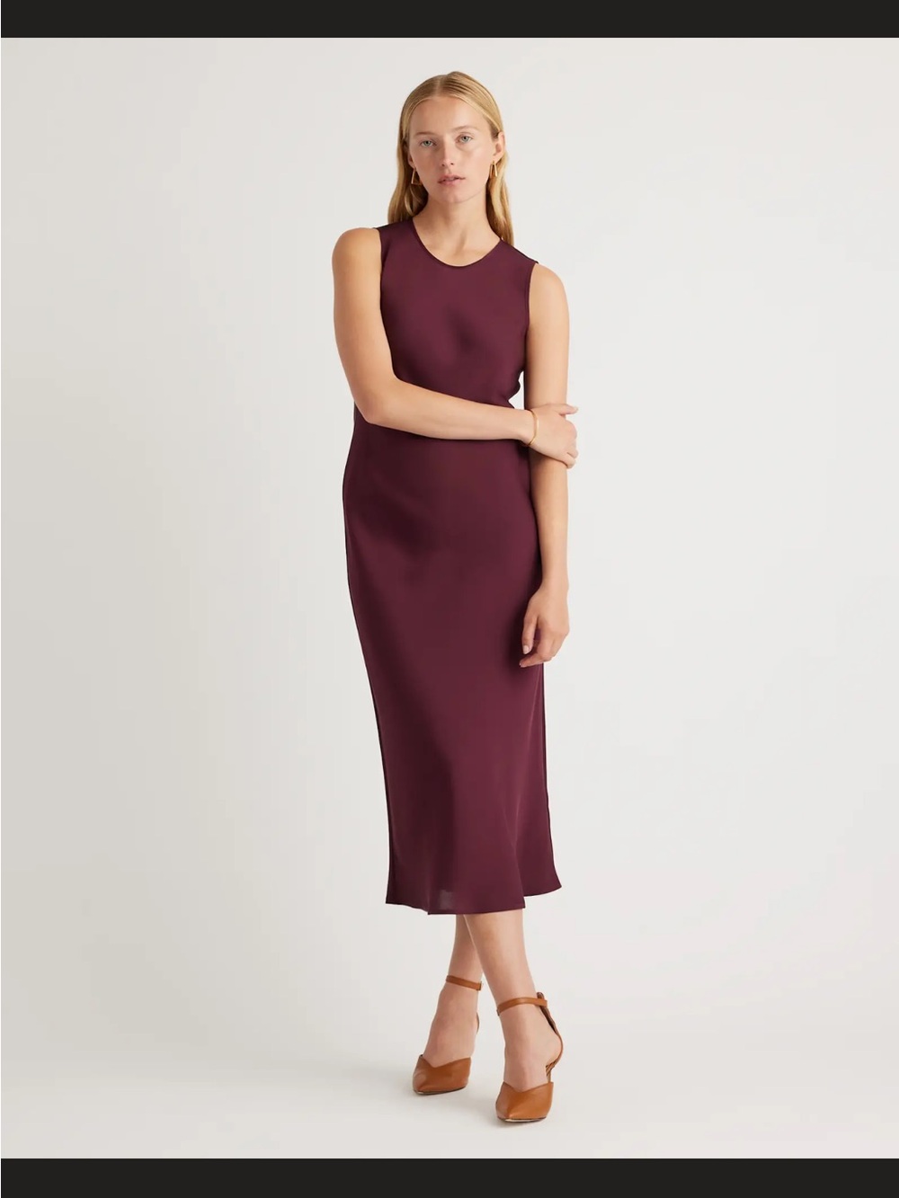 Quince Washable Stretch Silk Tank Midi Dress in Wine Tasting Red Color